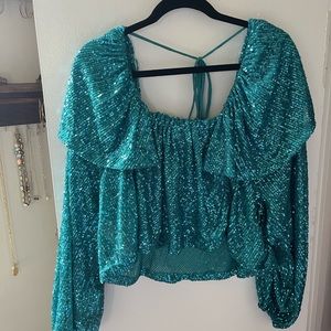 Free People Teal Sequin Open Back Tie Shimmer Top
